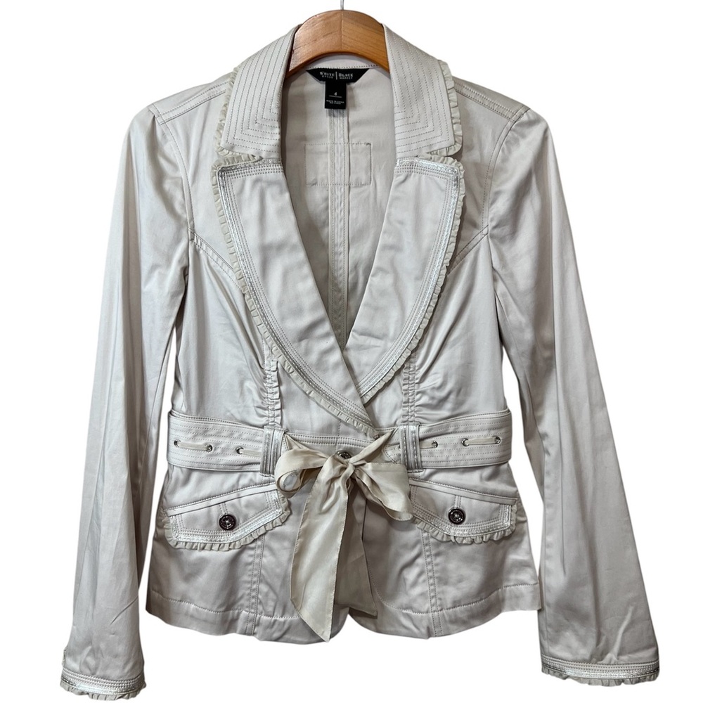 White House Black Market Blazer Ruffle Jacket Belt Coquette Office Siren Career